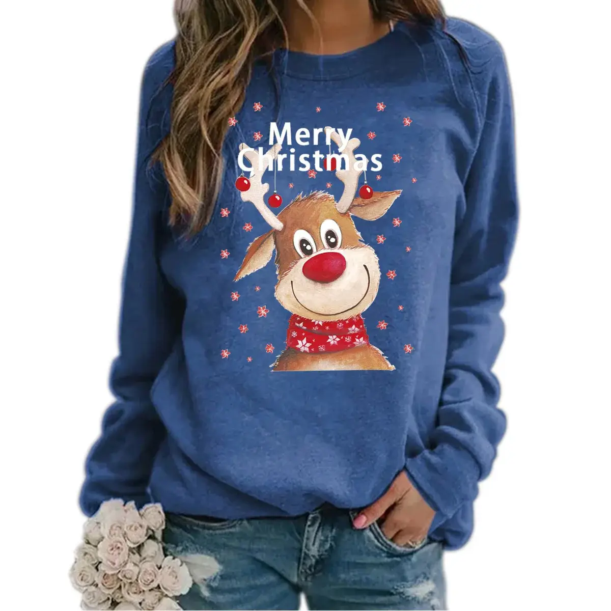Women Christmas Print Sweatshirt Brown Round Neck Long Sleeve - Image 39