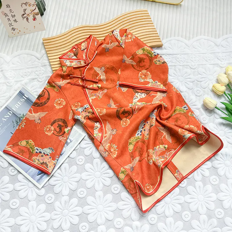 Girls Chinese Cheongsam Orange Long Sleeve Hanfu Dress