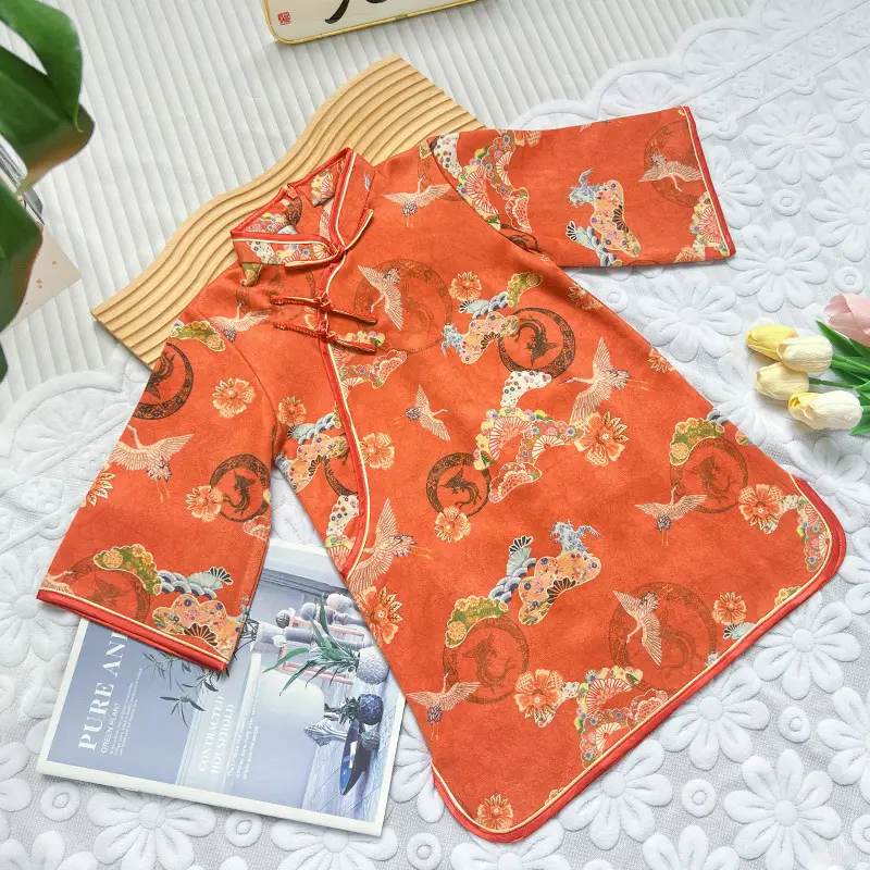 Girls Chinese Cheongsam Orange Long Sleeve Hanfu Dress