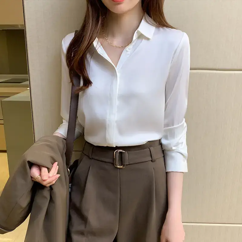Women's White Satin Long Sleeve Shirt with Belt - Image 6