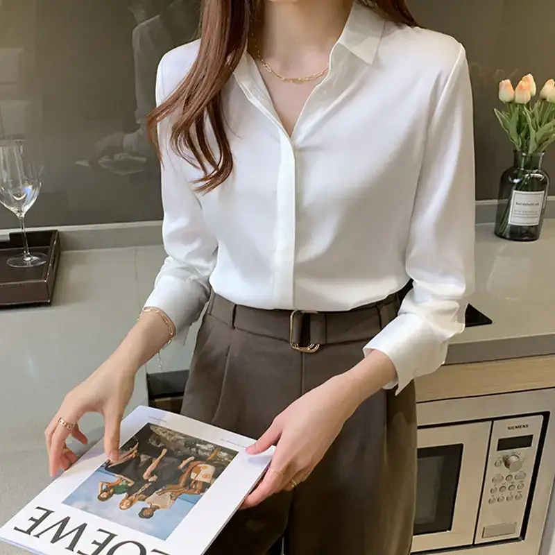 Women's White Satin Long Sleeve Shirt with Belt - Image 7