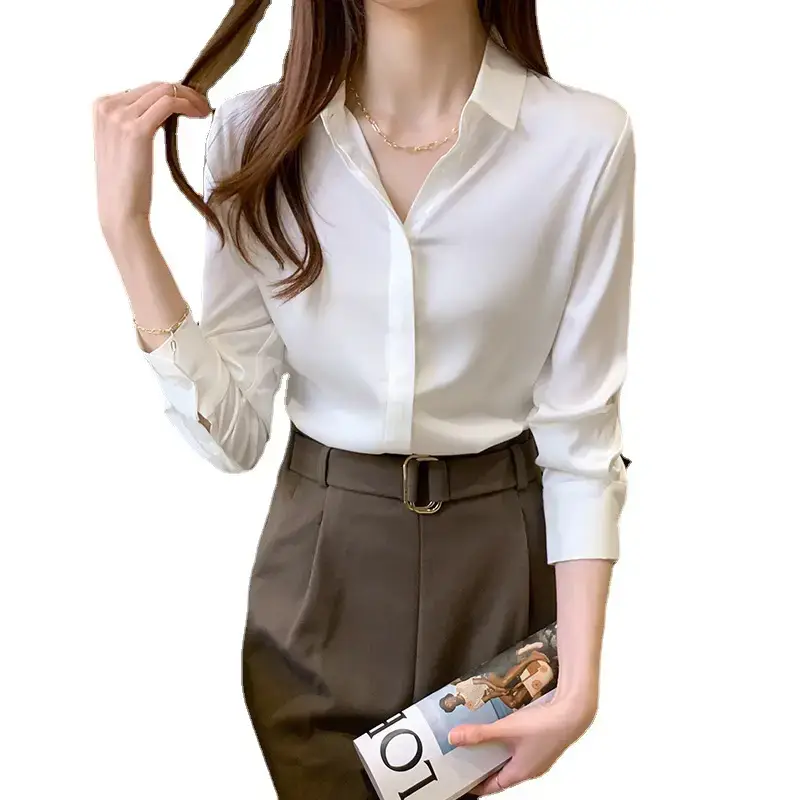 Women's White Satin Long Sleeve Shirt with Belt - Image 8