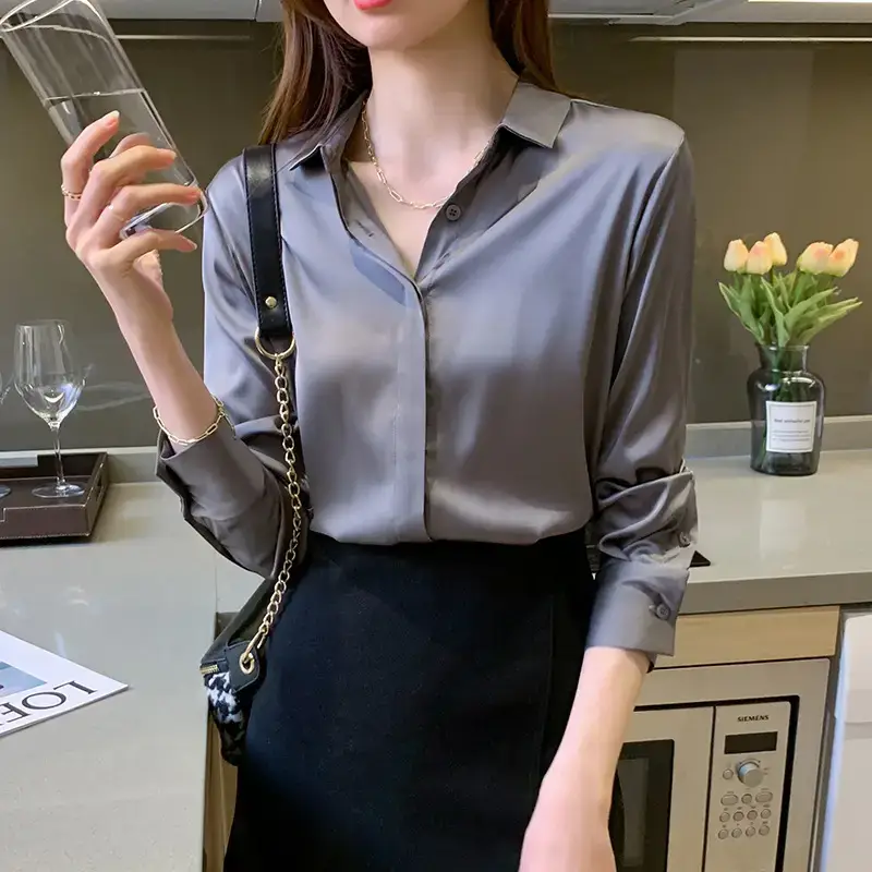 Women's White Satin Long Sleeve Shirt with Belt - Image 2