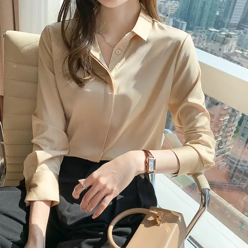Women's White Satin Long Sleeve Shirt with Belt - Image 3
