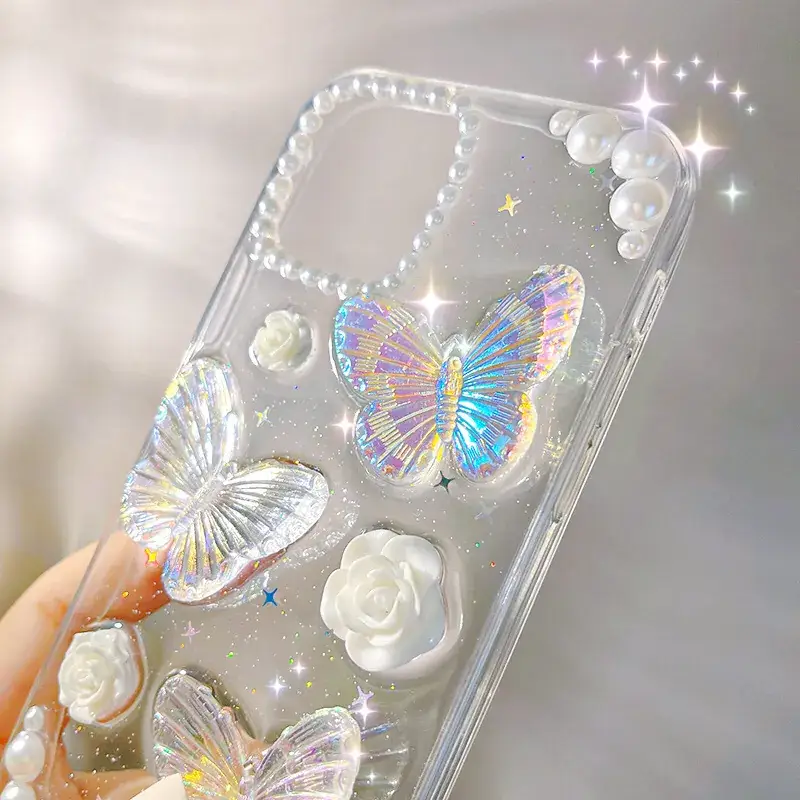 French Retro Butterfly iPhone14 Case with Glitter & Pearl Decor - Image 2