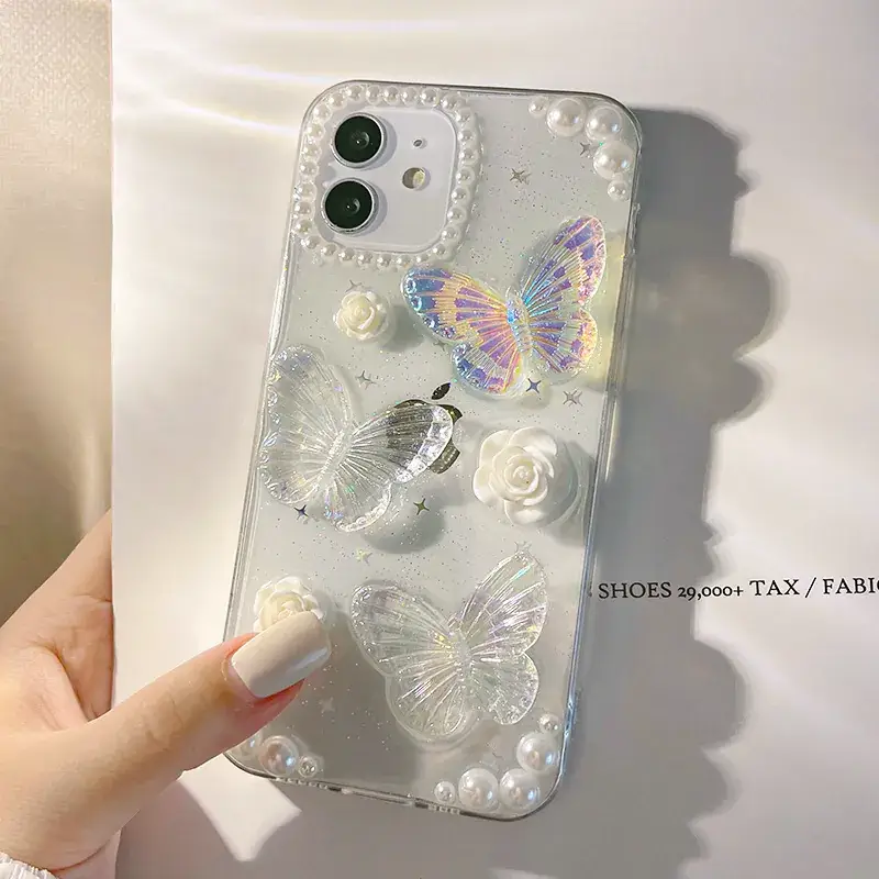 French Retro Butterfly iPhone14 Case with Glitter & Pearl Decor - Image 3