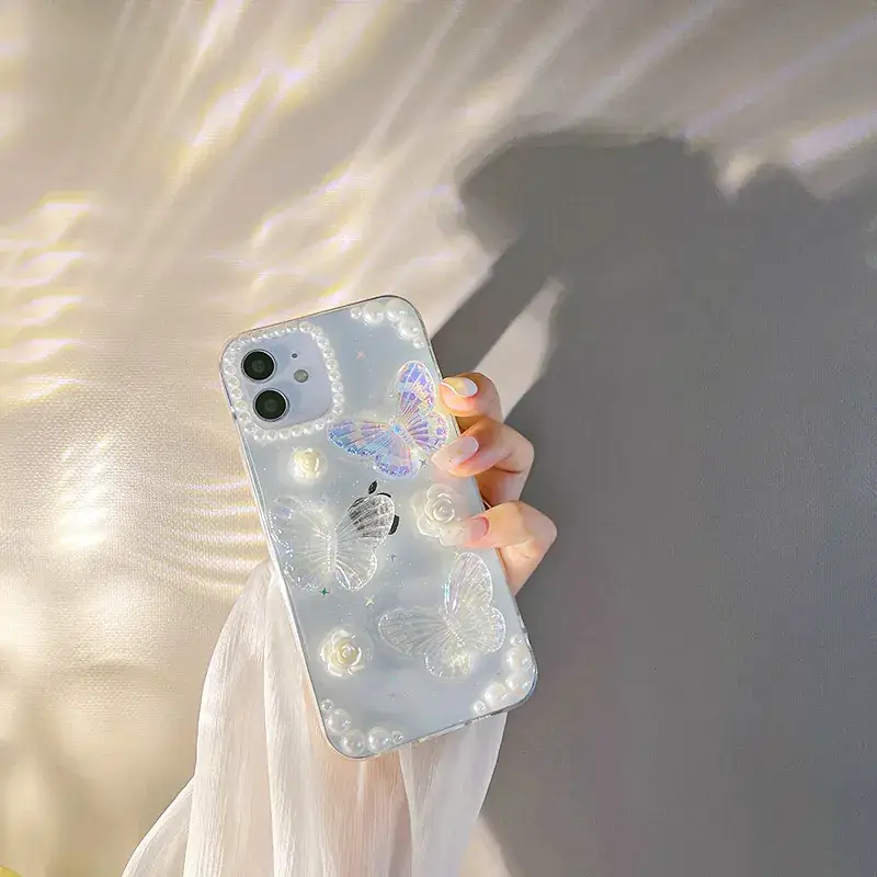 French Retro Butterfly iPhone14 Case with Glitter & Pearl Decor - Image 4