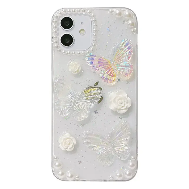 French Retro Butterfly iPhone14 Case with Glitter & Pearl Decor