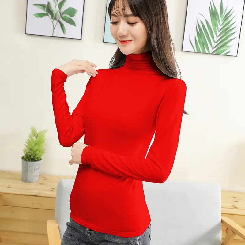 Women Long Sleeve Turtleneck T-Shirt Grey Slim Fit - Image 2
