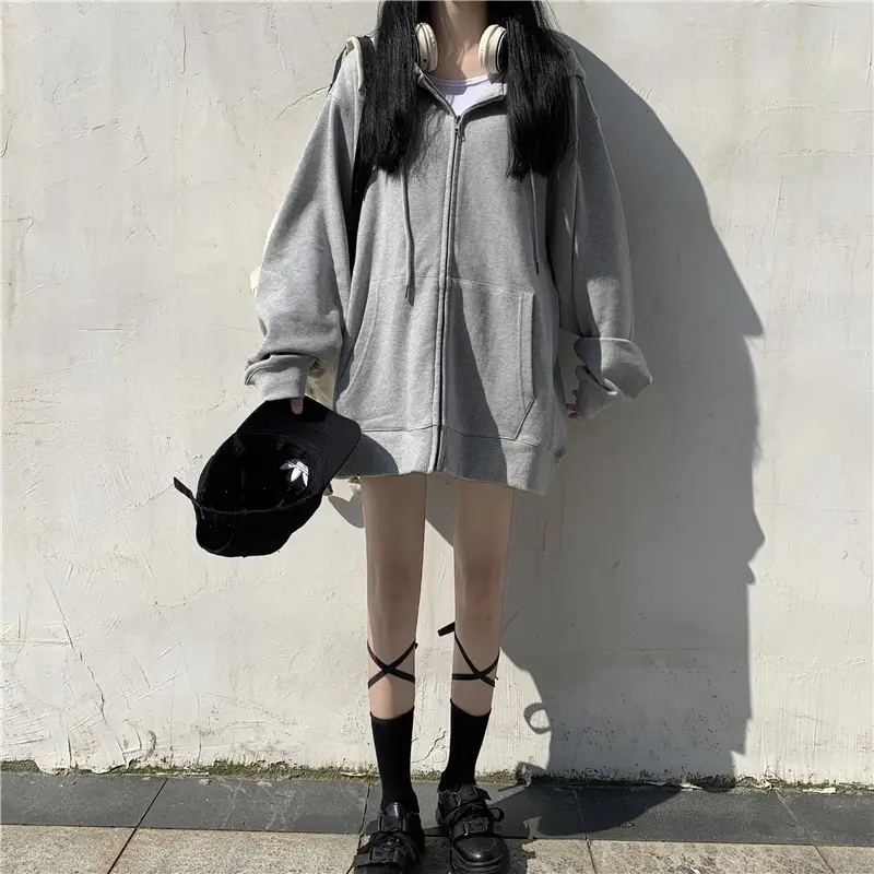 2023 Gray Hooded Sweatshirt Women Loose Fit Zipper Top