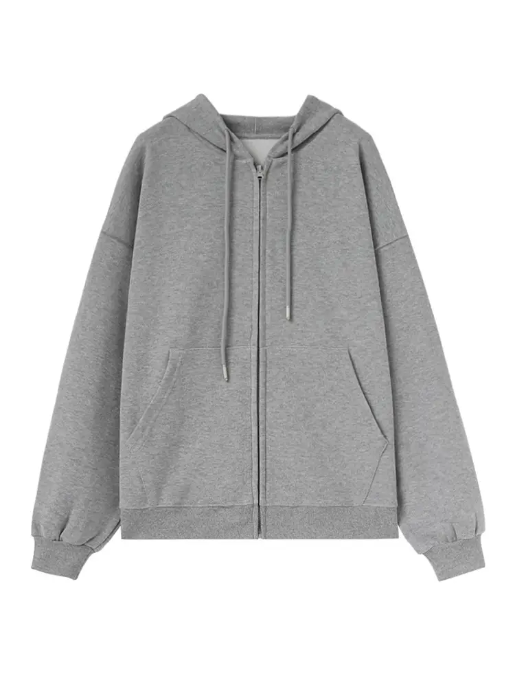 2023 Gray Hooded Sweatshirt Women Loose Fit Zipper Top