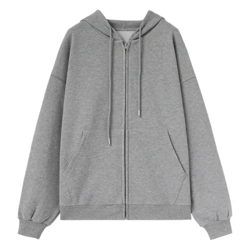 2023 Gray Hooded Sweatshirt Women Loose Fit Zipper Top