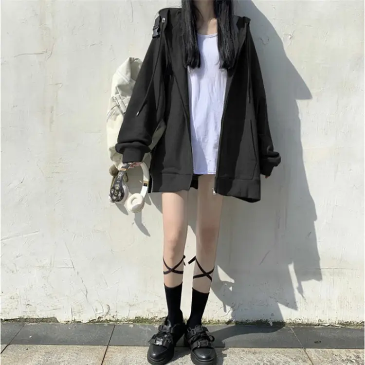 2023 Gray Hooded Sweatshirt Women Loose Fit Zipper Top