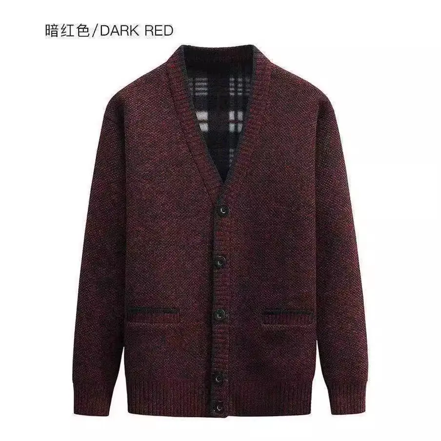 Winter Velvet Cardigan for Men Dark Red V Neck - Image 17