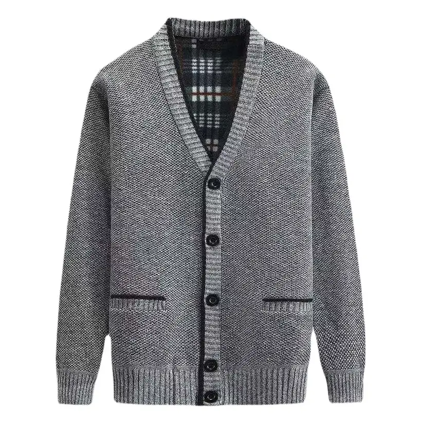 Winter Velvet Cardigan for Men Dark Red V Neck