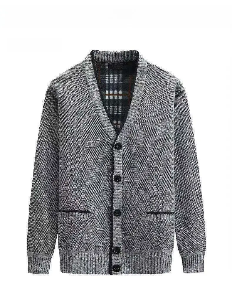 Winter Velvet Cardigan for Men Dark Red V Neck - Image 2