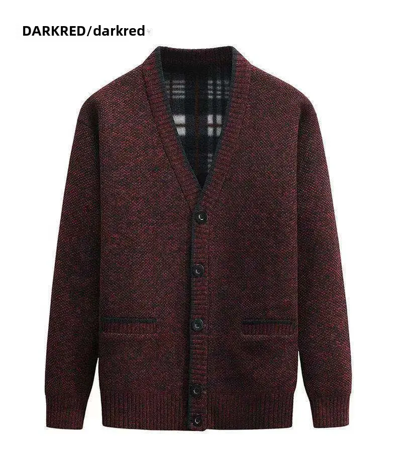 Winter Velvet Cardigan for Men Dark Red V Neck - Image 4