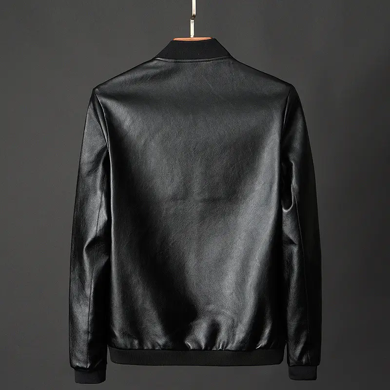 Men's Black Leather Bomber Jacket Slim Fit Spring Autumn - Image 5