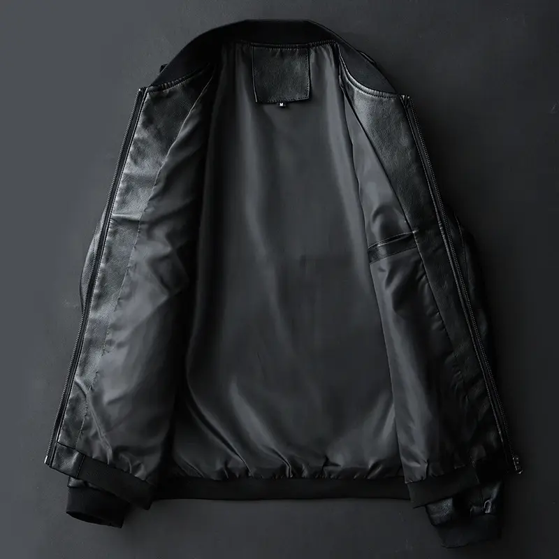 Men's Black Leather Bomber Jacket Slim Fit Spring Autumn - Image 6