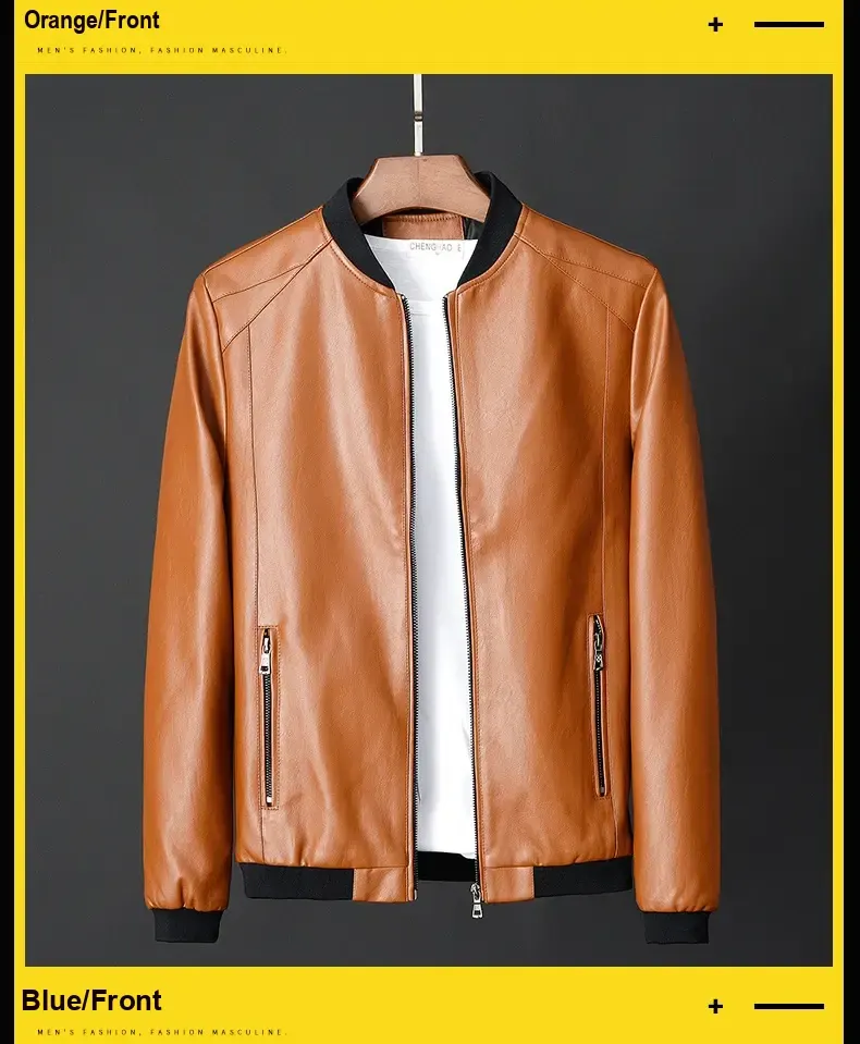 Front view of the orange jacket with black trim and two zippered pockets.