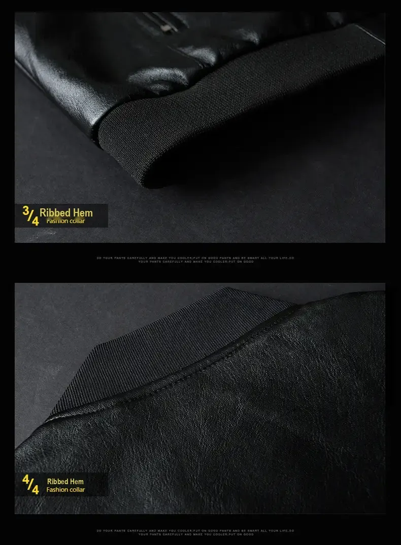 Close-ups of the ribbed hem and collar on the black jacket.