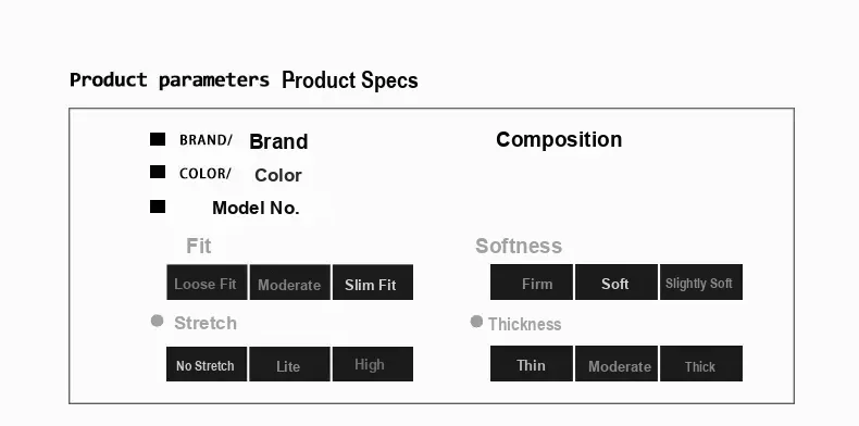 Product parameter panel with blank brand, composition, colour and model fields and fit, softness, stretch and thickness categories.