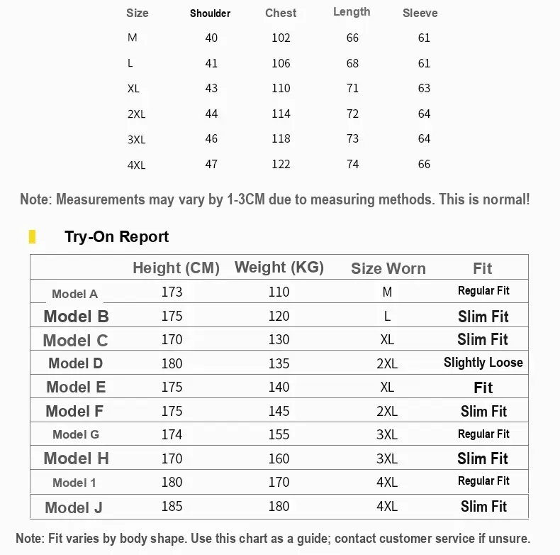Chinese size chart listing shoulder, chest, garment and sleeve measurements for M through 4XL, plus try-on examples.