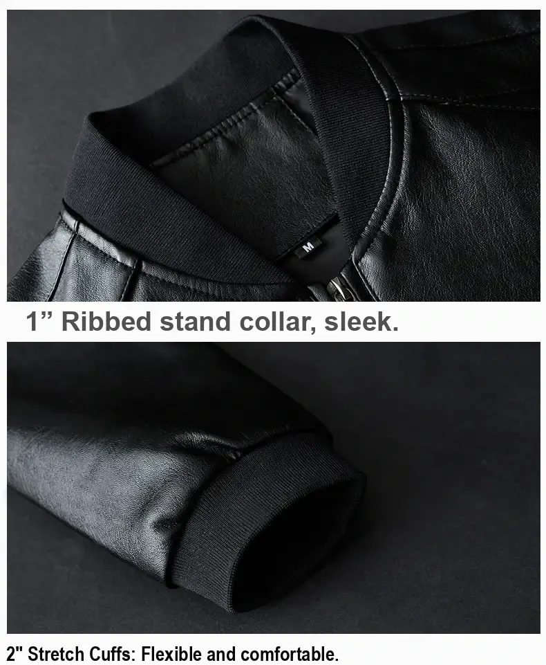 Close-ups of the ribbed stand collar and ribbed cuff on the black jacket.
