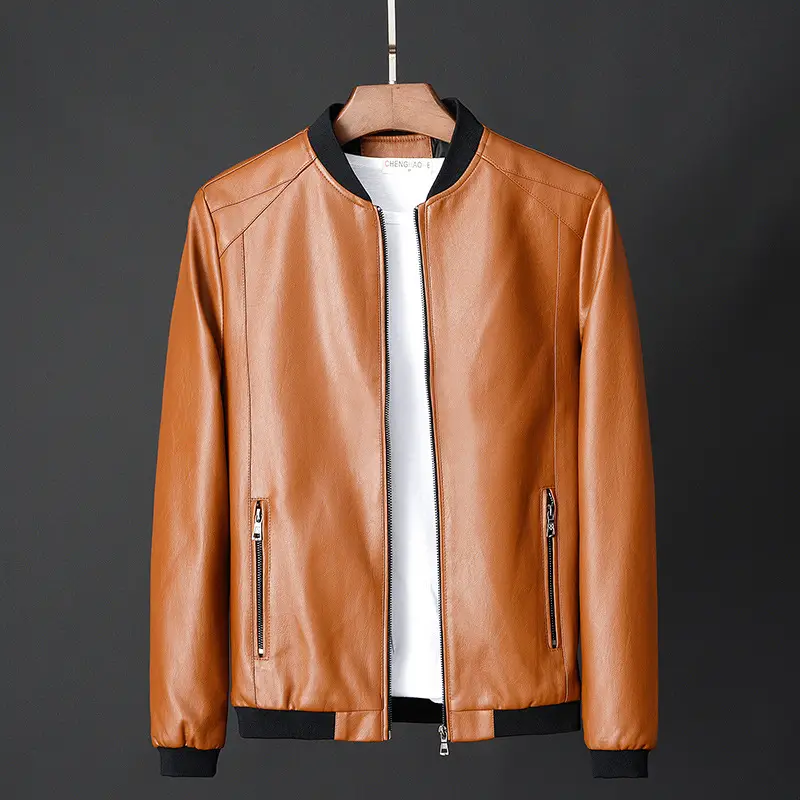 Men's Black Leather Bomber Jacket Slim Fit Spring Autumn - Image 2
