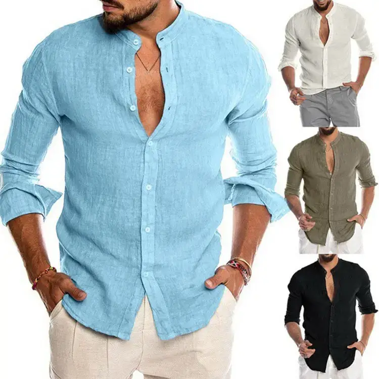 Men Navy Linen V Neck Shirt Long Sleeve - Image 10
