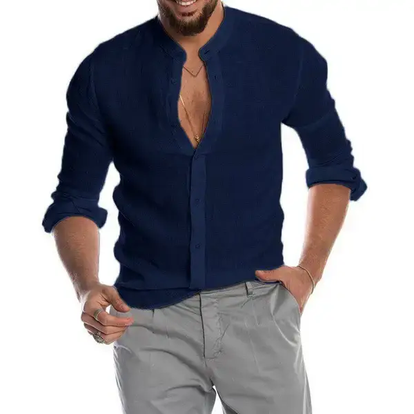 Men Navy Linen V Neck Shirt Long Sleeve - Image 12