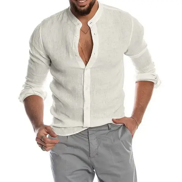 Men Navy Linen V Neck Shirt Long Sleeve - Image 14