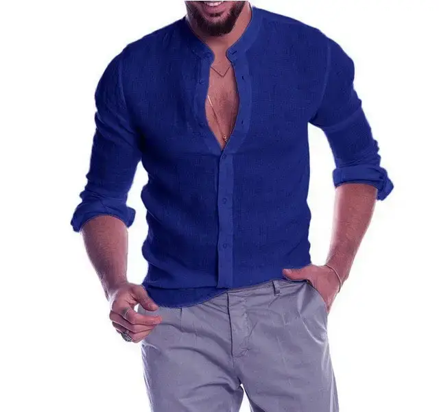 Men Navy Linen V Neck Shirt Long Sleeve - Image 5