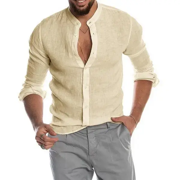 Men Navy Linen V Neck Shirt Long Sleeve - Image 7