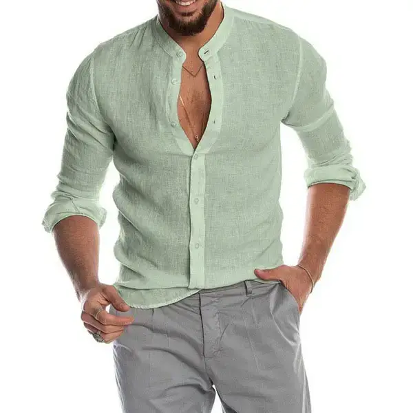 Men Navy Linen V Neck Shirt Long Sleeve - Image 8