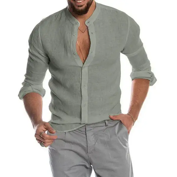 Men Navy Linen V Neck Shirt Long Sleeve - Image 9