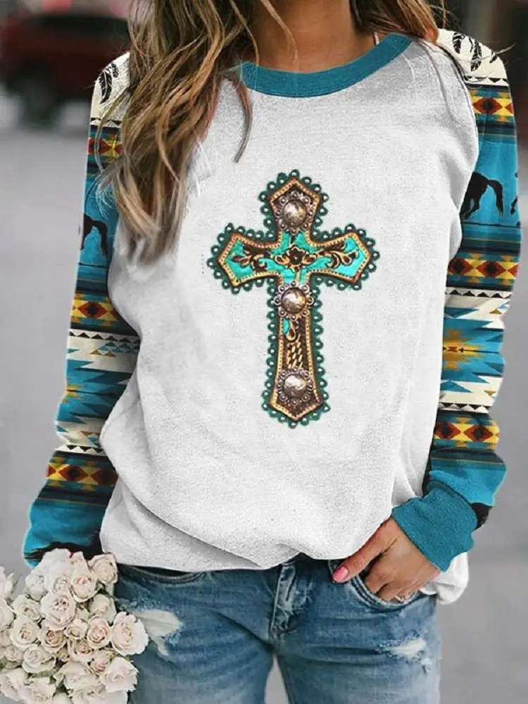 Women Long Sleeve Crossbody Sweatshirt White Blue Cross Design - Image 3