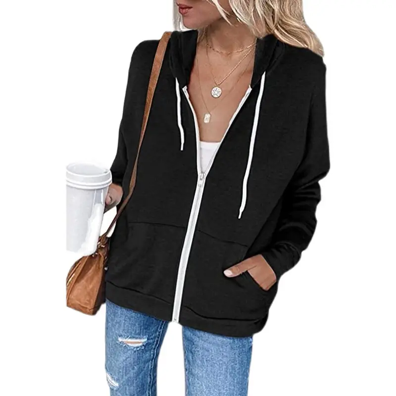 2021 Women's Black Zipper Hooded Sweatshirt with Front Pocket