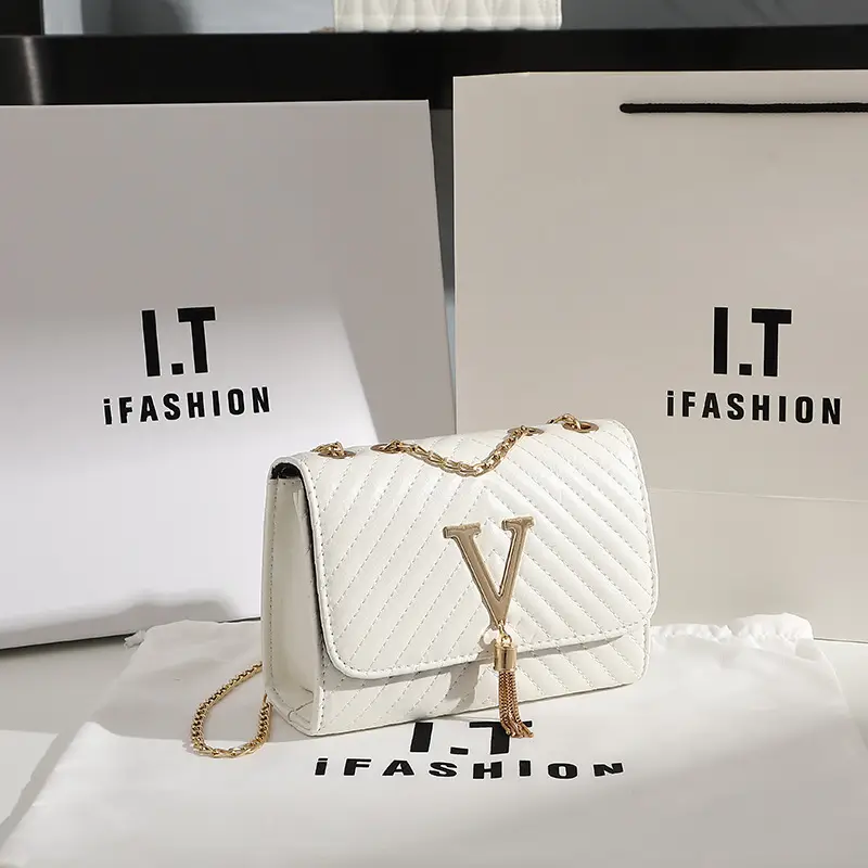 White Quilted LV Style Shoulder Bag with Tassel Decor - Image 5