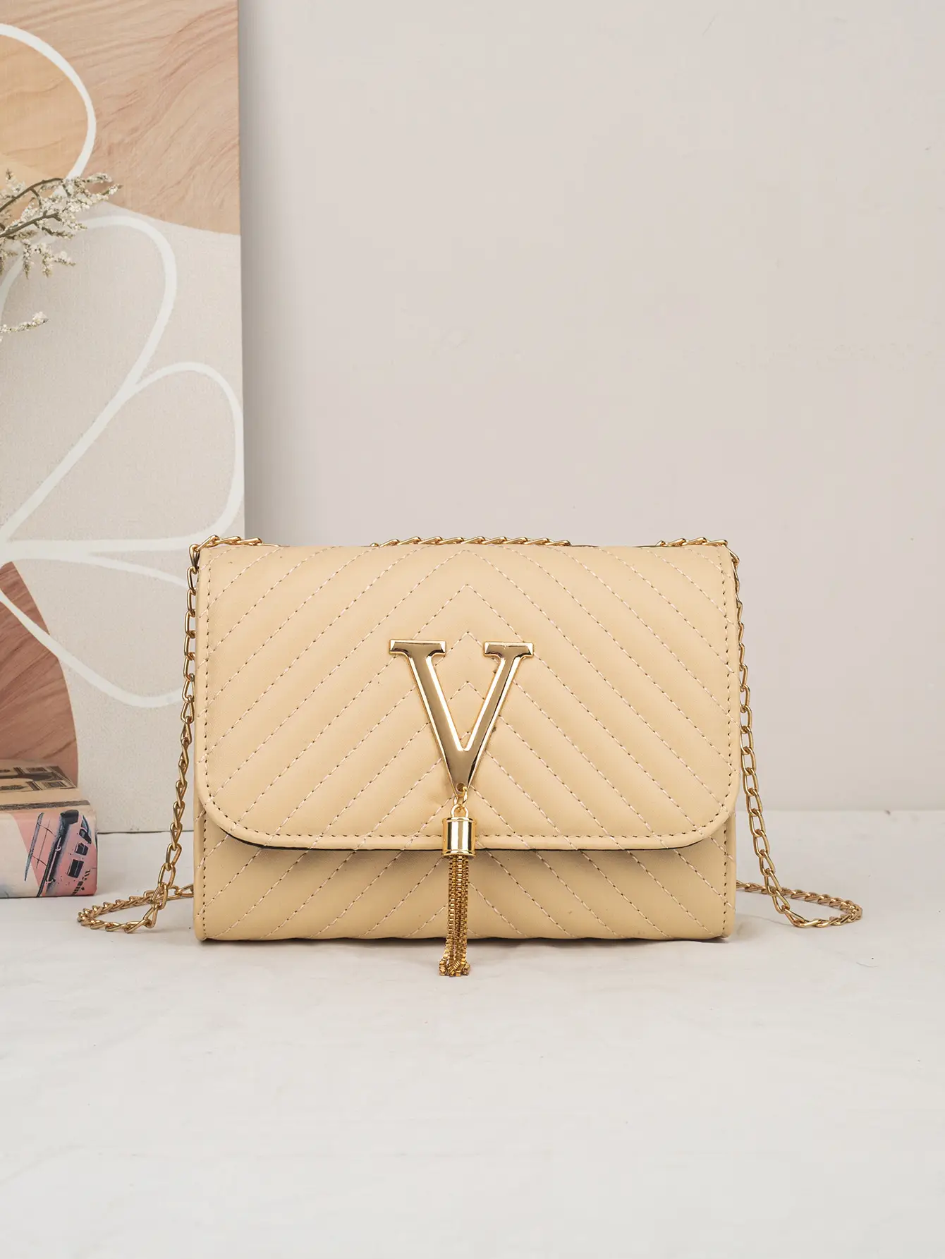 White Quilted LV Style Shoulder Bag with Tassel Decor — feature 17