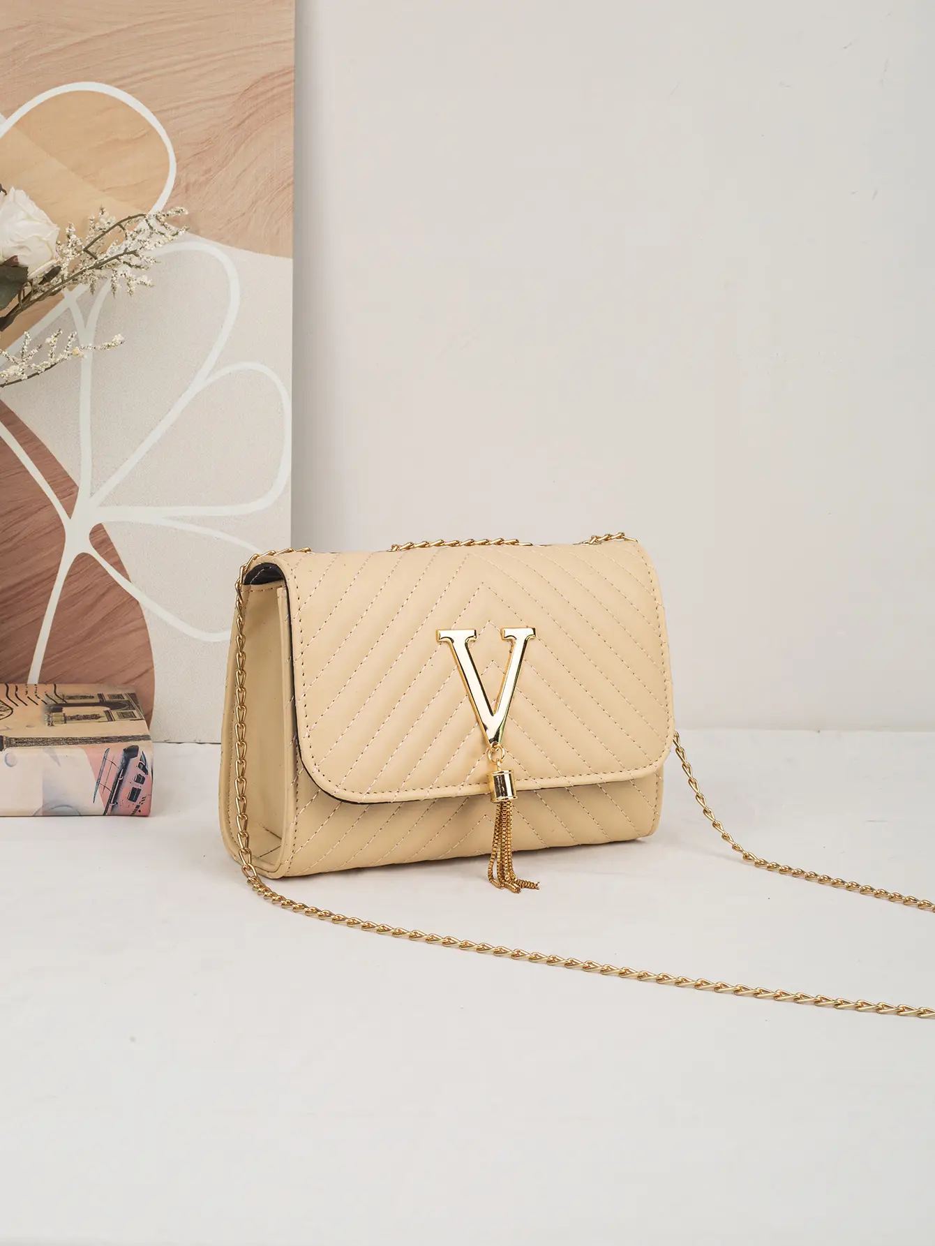 White Quilted LV Style Shoulder Bag with Tassel Decor — feature 18