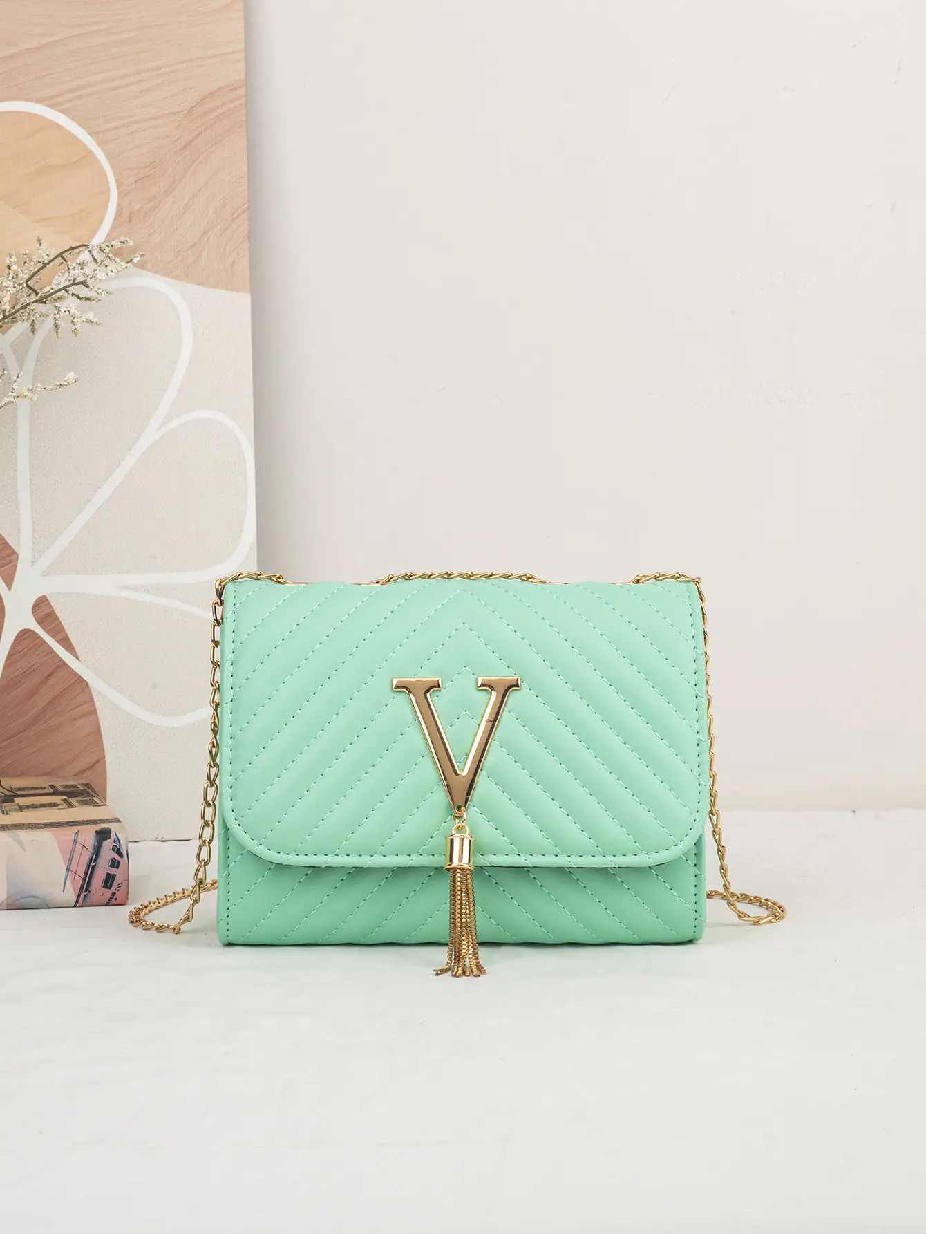 White Quilted LV Style Shoulder Bag with Tassel Decor — feature 19