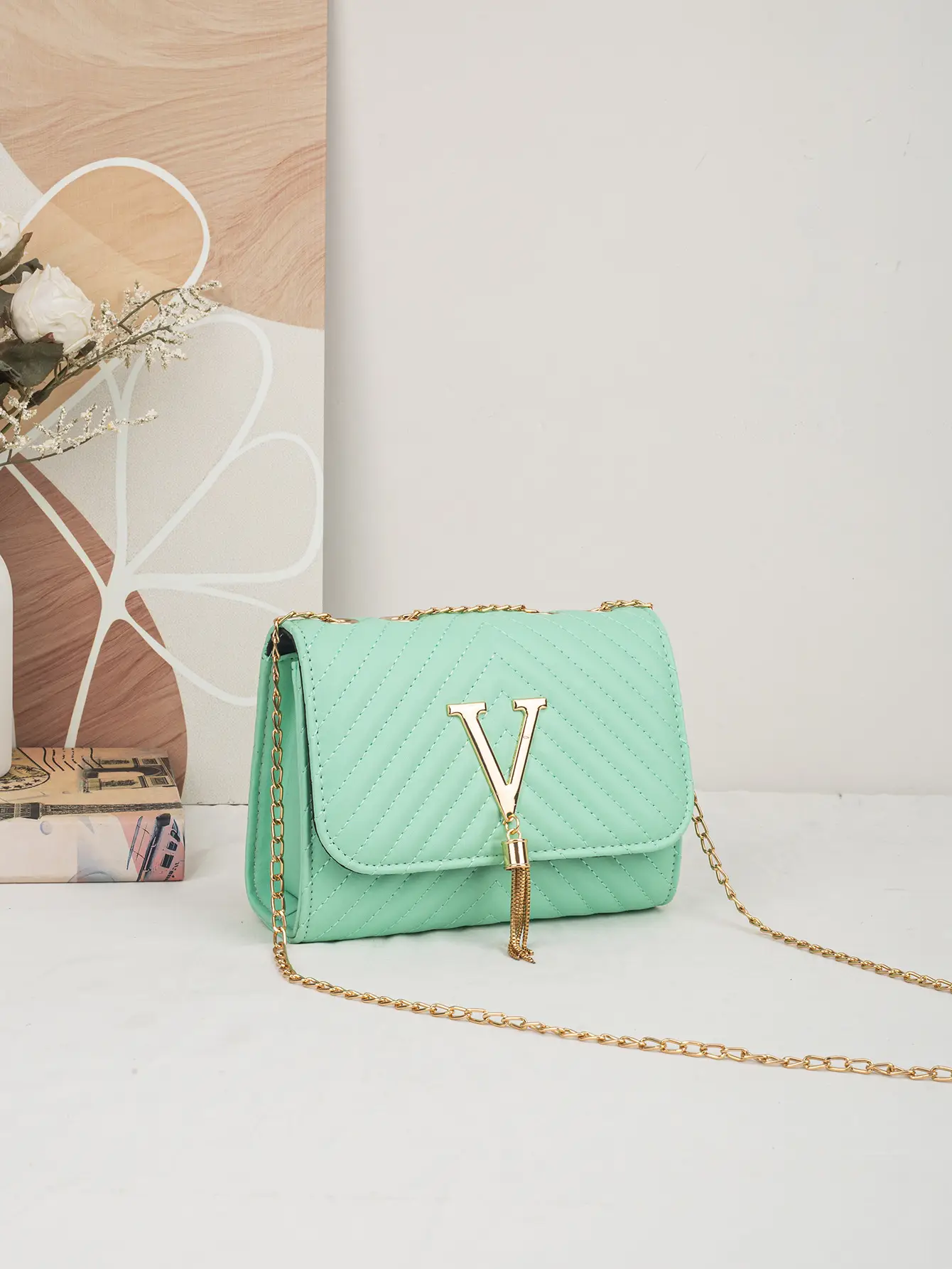White Quilted LV Style Shoulder Bag with Tassel Decor — feature 20