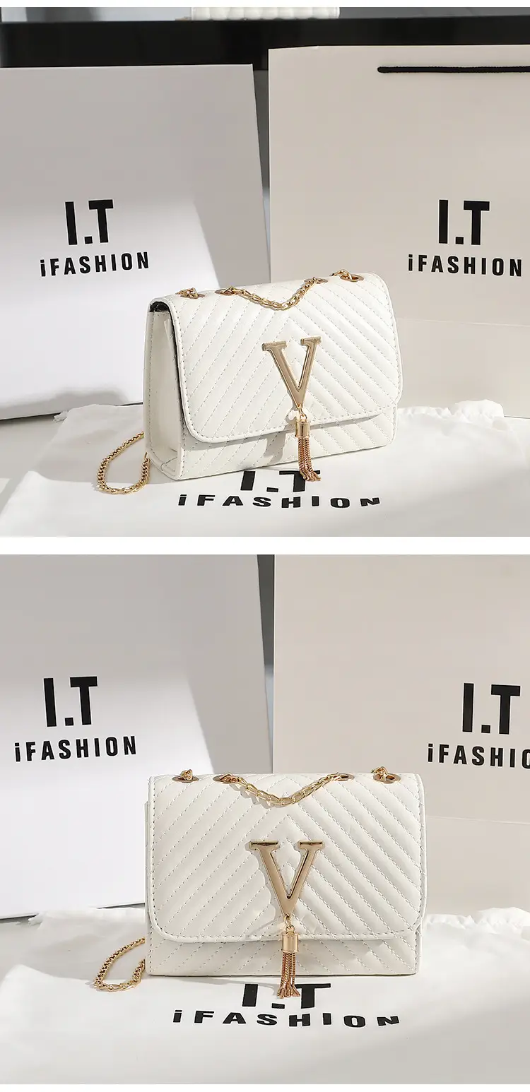 White Quilted LV Style Shoulder Bag with Tassel Decor — feature 9