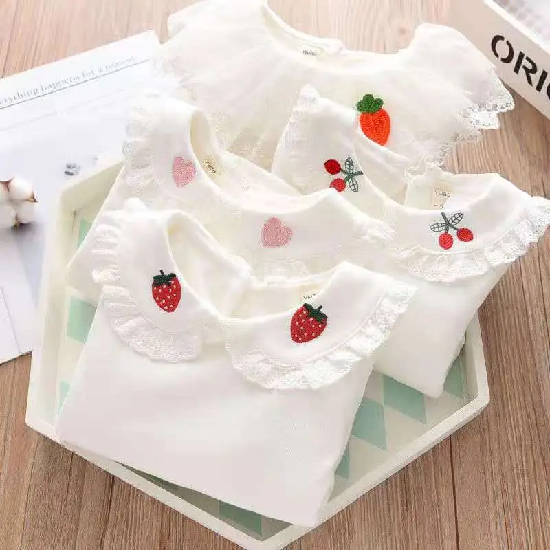 Girls Long Sleeve T-Shirt White Strawberry Butterfly Collar Baby Girl