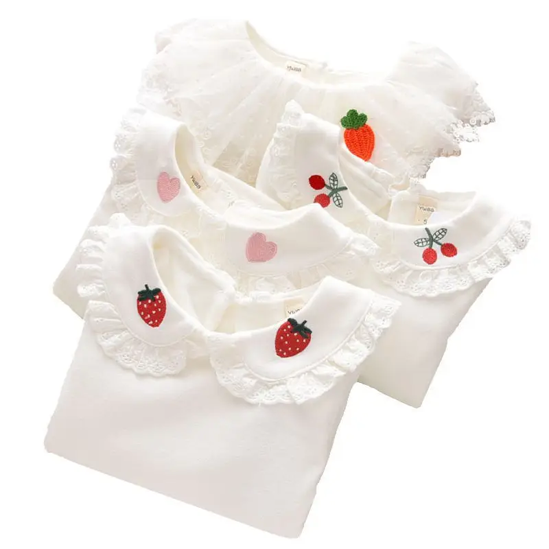 Girls Long Sleeve T-Shirt White Strawberry Butterfly Collar Baby Girl