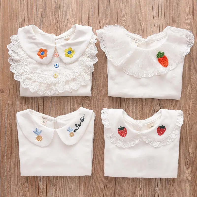 Girls Long Sleeve T-Shirt White Strawberry Butterfly Collar Baby Girl