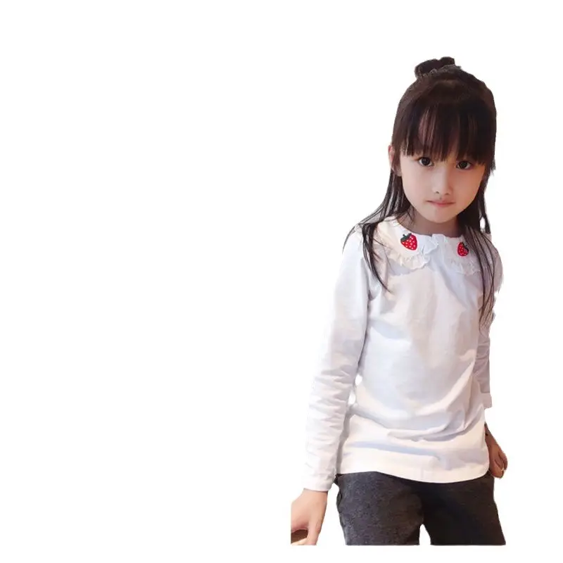 Girls Long Sleeve T-Shirt White Strawberry Butterfly Collar Baby Girl