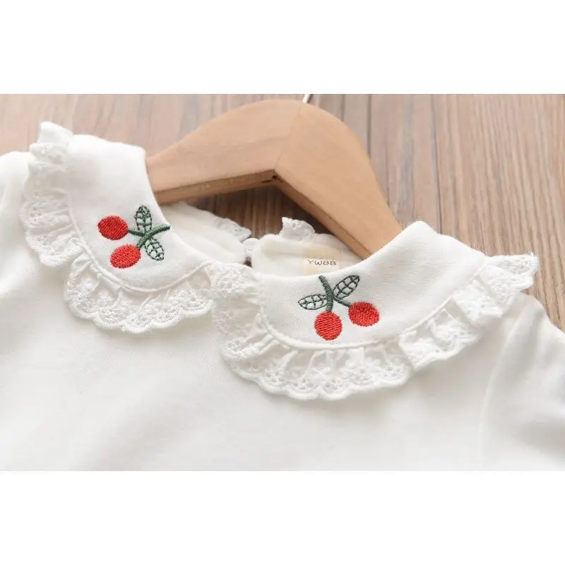 Girls Long Sleeve T-Shirt White Strawberry Butterfly Collar Baby Girl