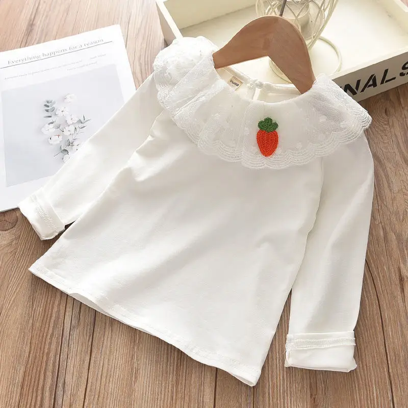 Girls Long Sleeve T-Shirt White Strawberry Butterfly Collar Baby Girl